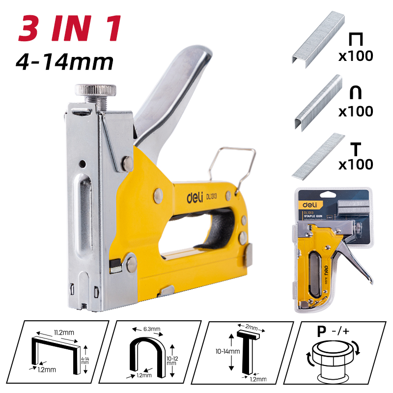 EDL1313 3 In 1 Staple Gun 3 in 1 Yellow Jwala Shop Hardware Pasal Deli Power Tools Nepal 1 Deli Hand Riveter 3 in 1 - Image 1