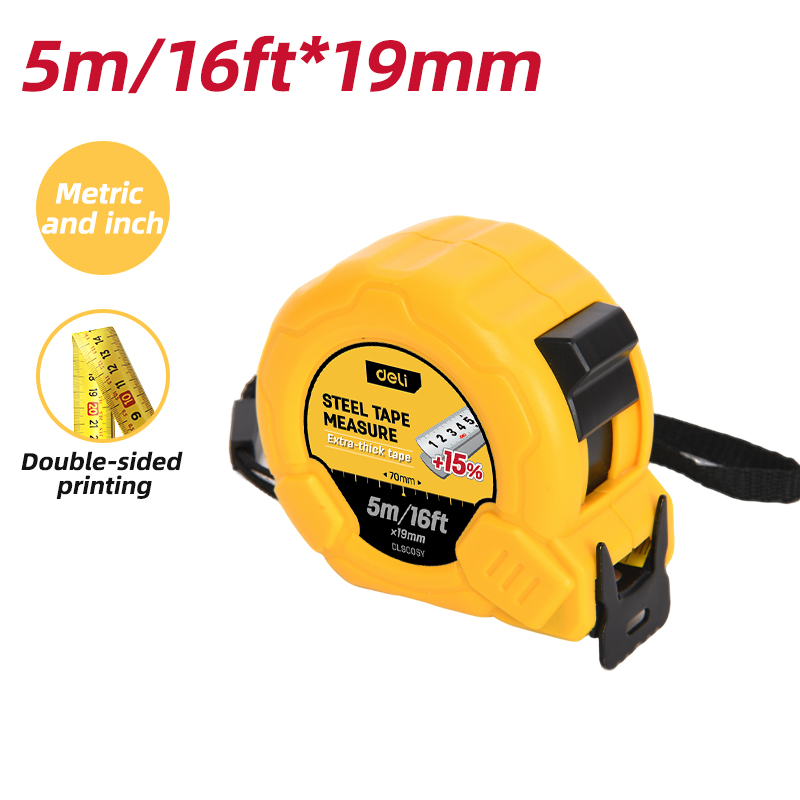 EDL9005Y Measuring Tape 5m 16ft 19mm YELLOW Jwala Shop Hardware Pasal Deli Power tools Nepal 1 Deli Measuring Tape 5m/16ftX19mm - Image 1